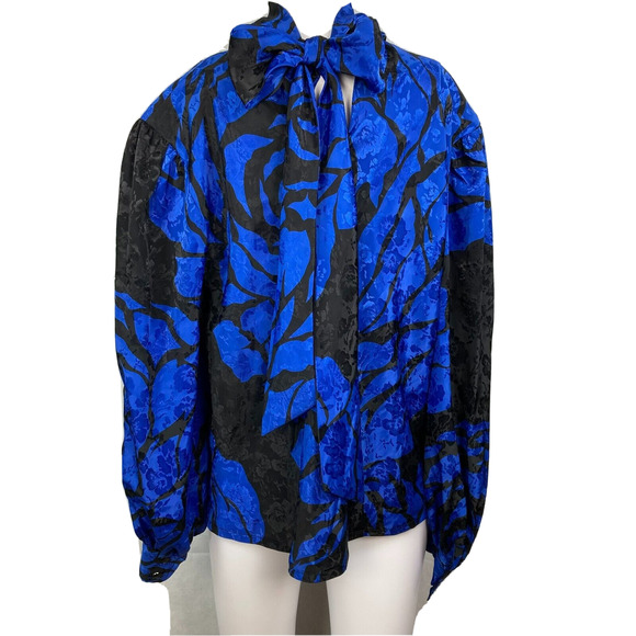 Annie Corvall Shirt Womens Sz 10 Vintage Blue Black Floral High Neck‎ Tie - Picture 3 of 9